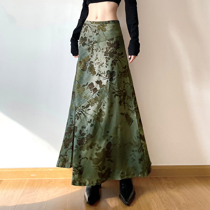 Gonna Verde Vintage a Vita Bassa con Stampa