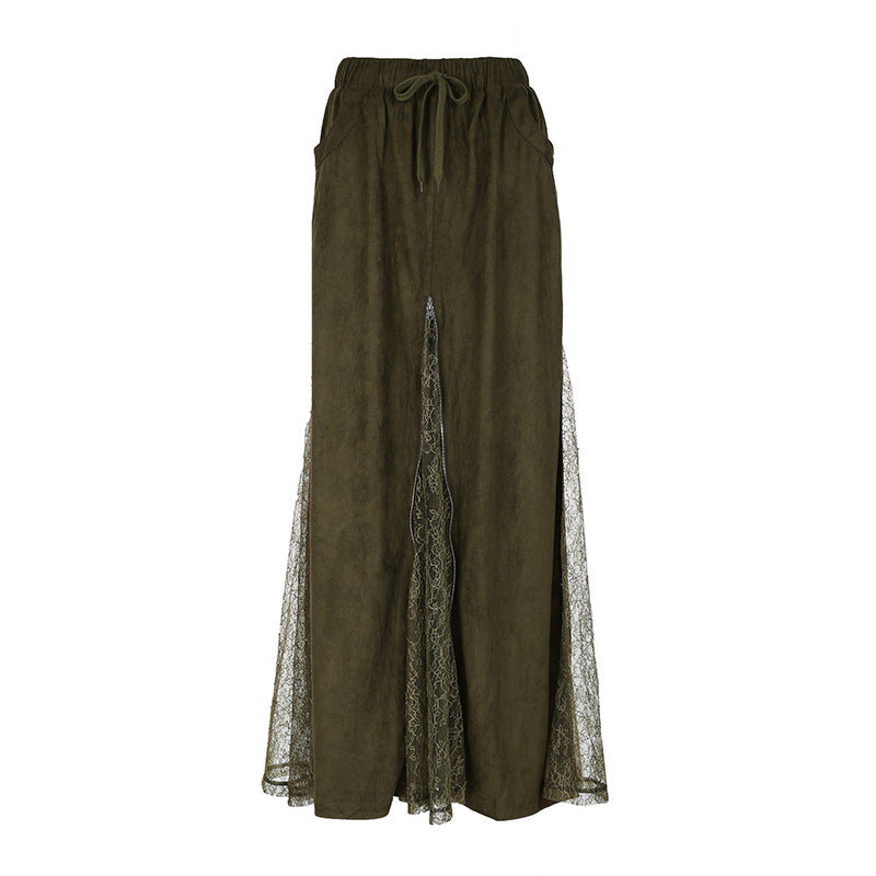 Gonna Lunga Verde Vintage in Pizzo con Vita Bassa e Zip