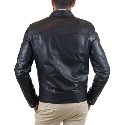 Giacca Biker In Vera Pelle Marrone Uomo Slim Quattro Tasche Cerniera Rindway