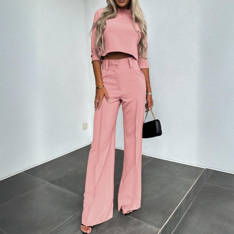 Completo Elegante Donna a Manica Corto con Pantaloni a Gamba Dritta e Tasche
