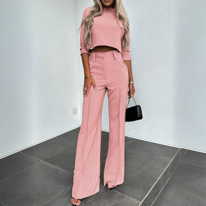 Completo Elegante Donna a Manica Corto con Pantaloni a Gamba Dritta e Tasche