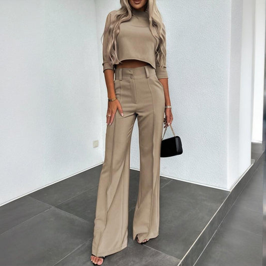 Completo Elegante Donna a Manica Corto con Pantaloni a Gamba Dritta e Tasche