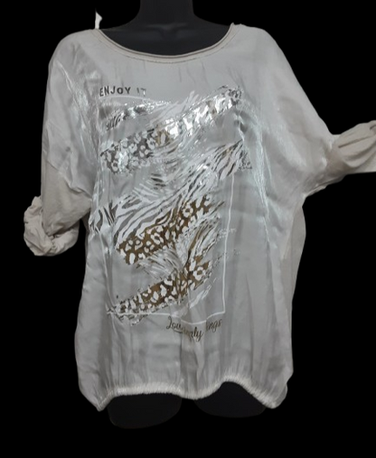 Maglietta Beige Elegante in Satin e Dettagli Oro e Argento Manica Lunga Made in Italy